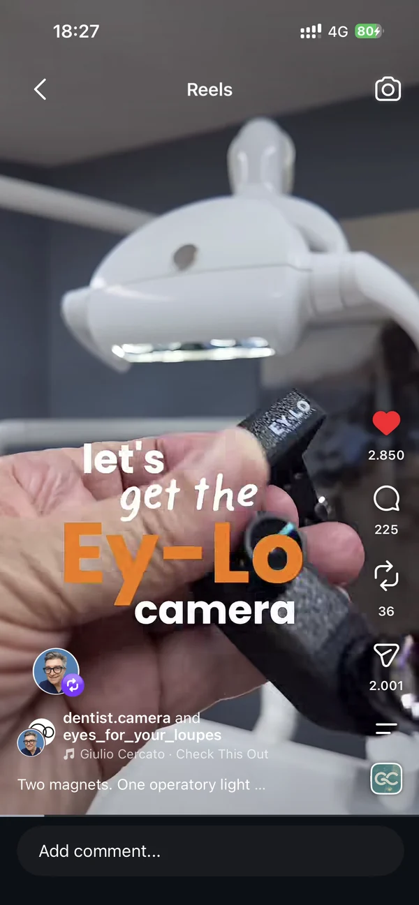 Instagram reel: магнитната стойка на EY-LO върху операционната лампа, 2850 харесвания